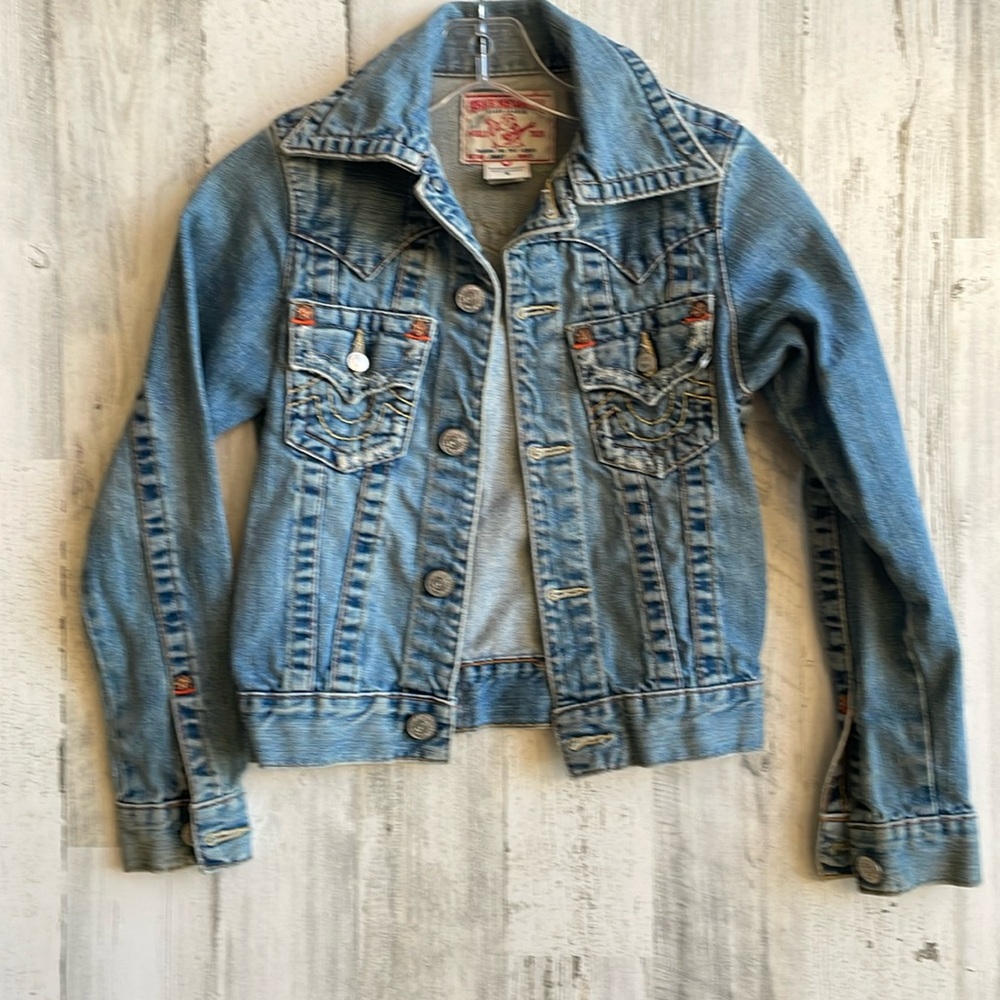 Vintage True Religion Jacket SZ S blue denim logo buttons pockets